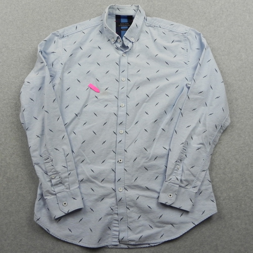 Zara Man Shirt Mens Large Slim Fit Button Up Blue Lightning Bolt Long Sleeve